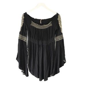 EUC Free People black embroidered smocked top S